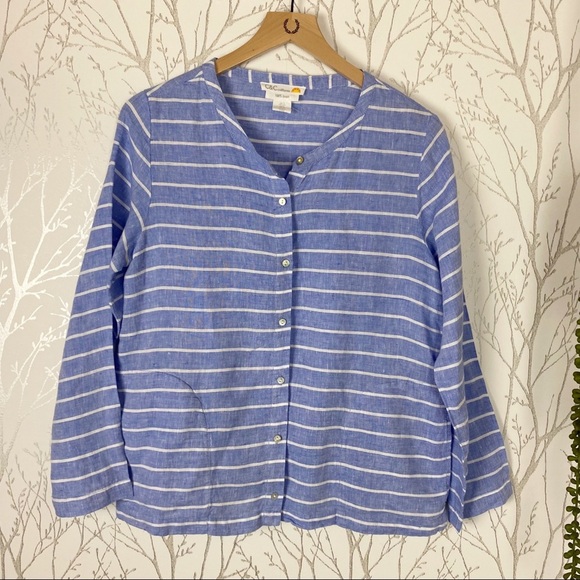 C&C CALIFORNIA 100% Linen Blue Stripe Button-Front Blouse Small Boxy Coastal - Picture 11 of 11